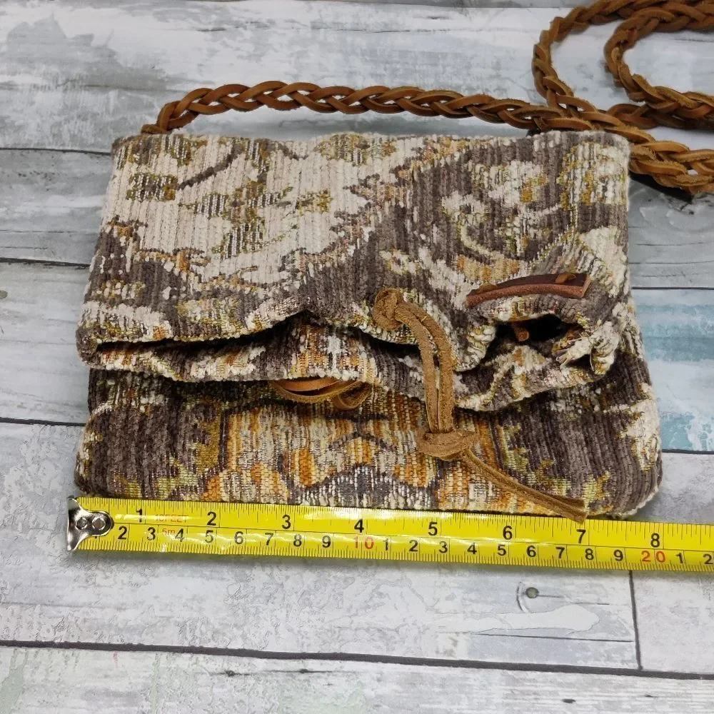 Small boho Crossbody Vintage Fold Over Bag Damask Fabric Braided Leather Strap